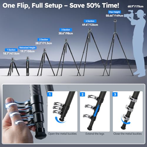 SIRUI L-224F Trípode de Viaje de Fibra de Carbono con Rótula Baja KS-10, Ligero (1.32kg), Plegable (51cm), Carga 15kg, Altura Ajustable (22-149cm), Bloqueos Rápidos - imagen 2