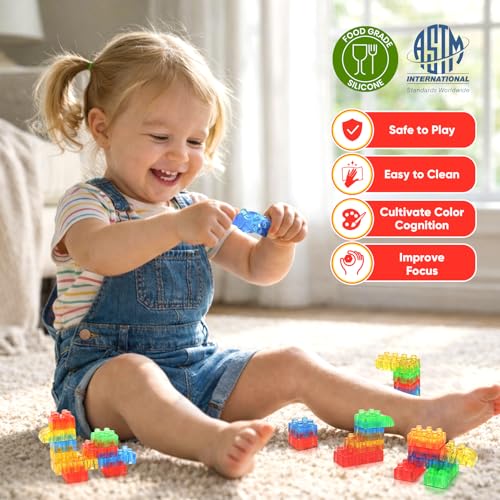 Image of LESONG Sensory Building Toys for Toddlers: 24PCS Squeezable Silicone Stacking Toys - Early Learning Construction Playset for Preschool Manual Skills, Birthday Gifts