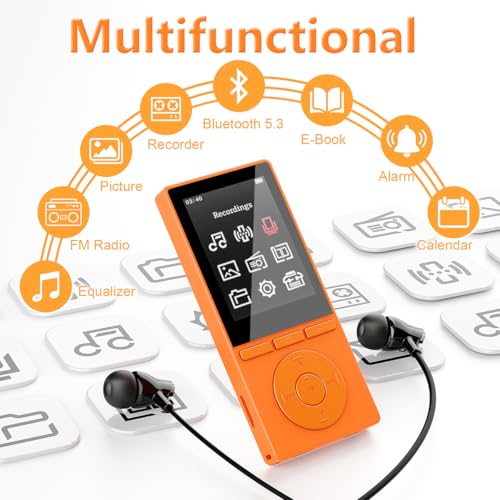 Image of 64GB MP3 Player with Bluetooth 5.3, Color Screen 2.4 inch, Music Player with HiFi Sound, MP3 Players Built in HD Speaker Voice Recorder E-Book, Expanded Up to 128GB, Earphone Included, for Sports Runner