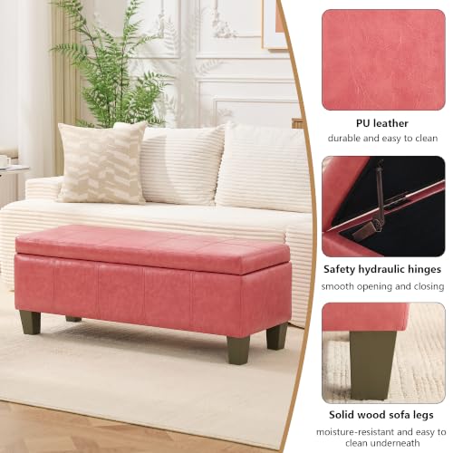 Image of 41 inch Storage Ottoman, Storage Bench with Safety Hinge, Upholstered Synthetic Leather Ottoman Bench for Bedroom, Living Room, Entryway, Hallway, Foot Rest, Support 500lbs