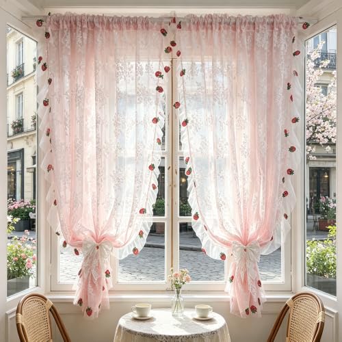 Romantic Pink Floral Lace Sheer Curtains with Strawberry Embroidery Ruffles
