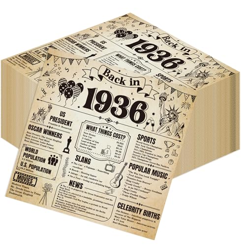 Hokinaa 90th Birthday Party Decorations - 50 Pcs Vintage Newspaper Back in 1936 Paper Decorative Napkins Set Disposable Happy Cheers to 90 Year Old Dinner Bathroom Decor Supplies for Men Women Guest