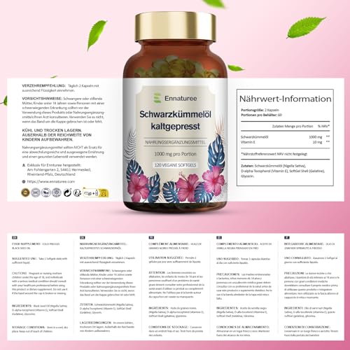 Schwarzkümmelöl Kapseln mit Vitamin E Naturbelassen und Kaltgepresst Schwarzkümmelöl 1000mg pro Tagesdosis Hochdosiert Vegan 120 Kapseln Deutsche Premium Qualität