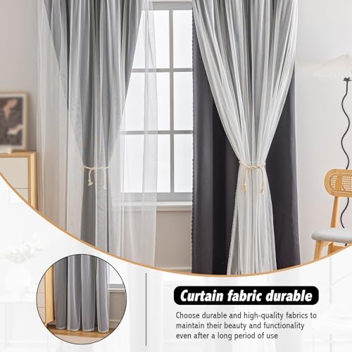 Image of Anytime Double Layer Blackout Curtains 2 Panels,52Wx84L,Black | Sheer And Fabric Window Drapes Grommet Top Solid Color Bedroom Living Room Home Decor