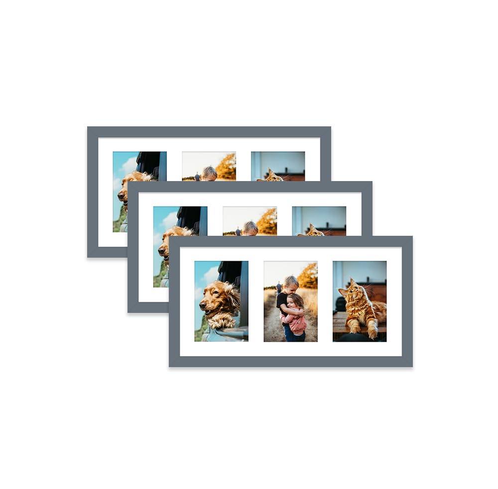 Grey Multi Photo Frame - Holds 3 x 6x4 Pictures, Family Collage Picture Frame for Wall Display, 8x16 Panoramic Frame Size, Set of 3