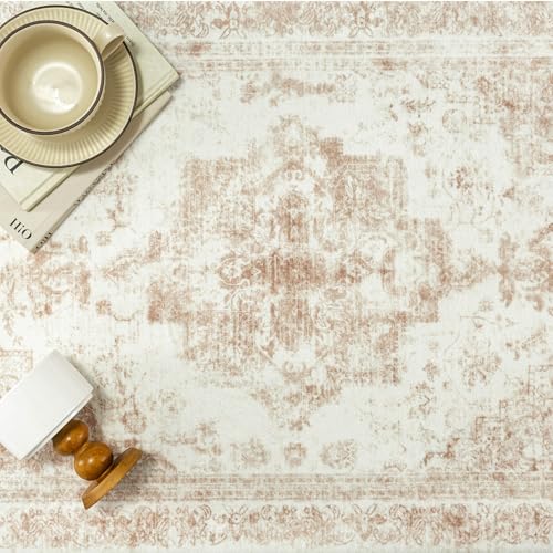 Runner Rug 2x12 Cream Hallway Washable Beige Carpet Non Slip Vintage Medallion Beige Carpet Low Pile Soft Distressed Retro Indoor Long Rug for Entryway Kitchen Bathroom Laundry Bedroom