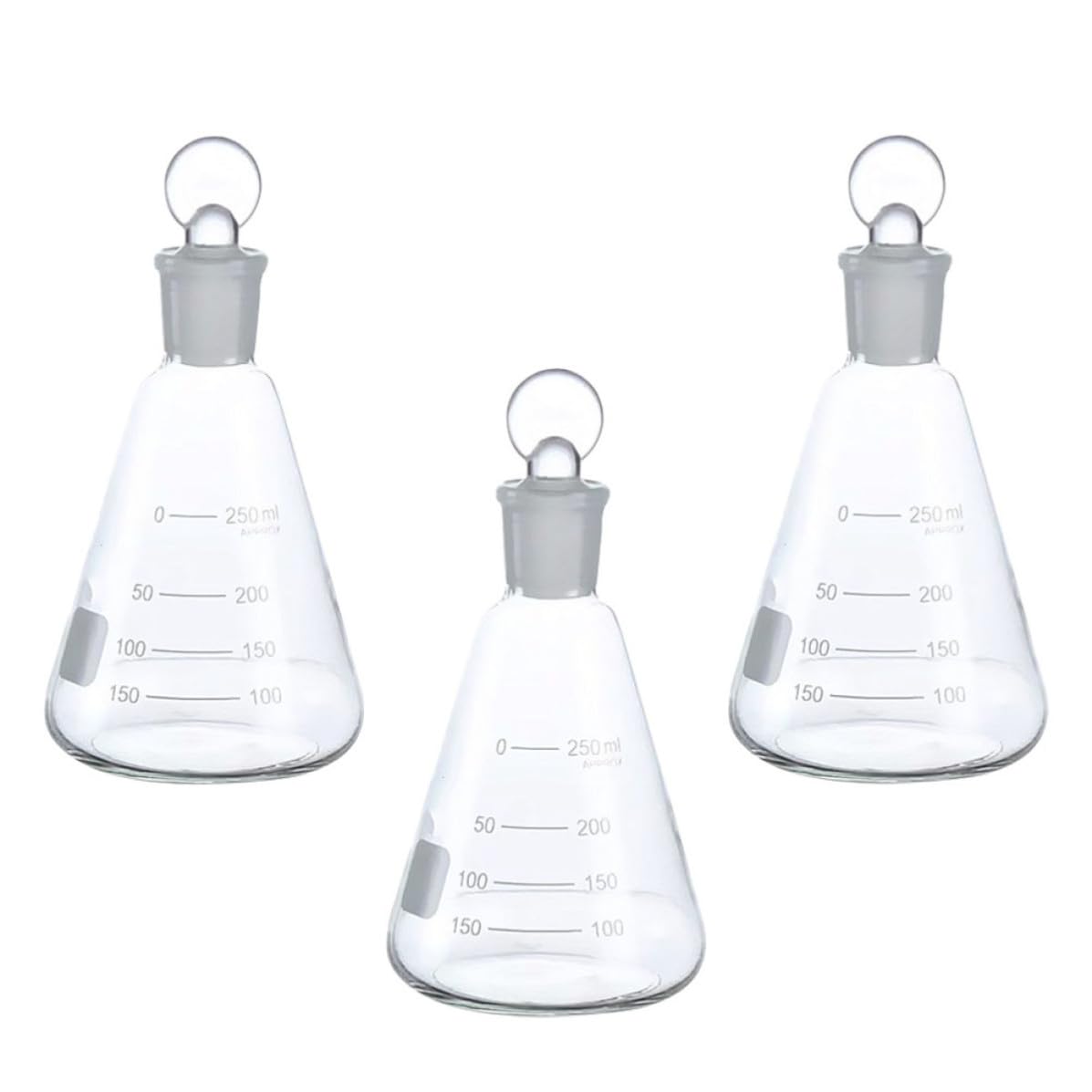 Beute Coniche Scala Chiara Set di 3 da 250ml con Tappo in Vetro e Design per Esperimenti e Lezioni di