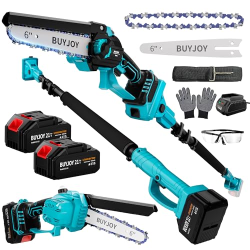 2-in-1 Electric Pole Saws for Tree Trimming, 6 Inch Mini Chainsaw Cordless with Extension Pole, 2 x 4000mAh Batteries,Battery Powered Pole Chain Saw, Tree Trimmer Limb Branch Cutter Pruner (Blue)