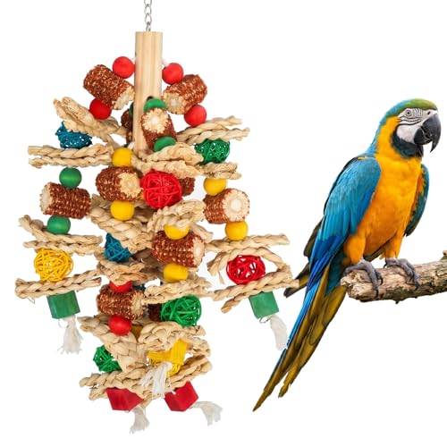 lisetar Bird Toys for Large Parrots Hanging Bird Toy for African Grey Macaws Cockatoos Amazon Parrots with Rattan Balls Wooden Beads and Natural Chew Materials (Colorful 13in x 8in)