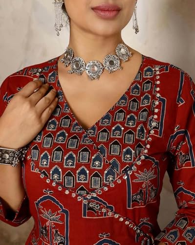 Image of Gekha Women's Red Cotton Printed Flared Kurta, Pant & Dupatta Set | Ethnic Wedding Suit Set
