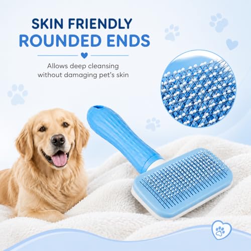 Image of Self Cleaning Slicker Pet Grooming Brush Dogs & Cats | Soft Grip Handle for Shedding and Massage with Beaded Bristles
