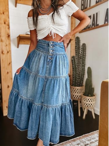 Women Ruffle Denim Long Skirt Y2K Boho High Waist Tiered Flowy Pleated A Line Jean Skirts Vintage Cowboy Maxi Skirt2