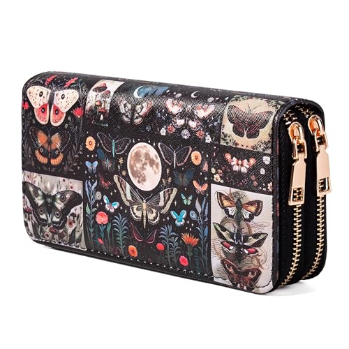 Image of Butterfly Double Zip Wallet for Women - Large Capacity Floral & Moth Print Clutch with Smooth Zippers, Travel Card Holder Purse