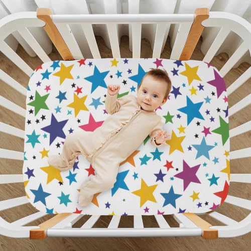 Image of Crib Sheet Breathable Soft Crib Mattress Sheet for Baby Toddler Boys Girls Fitted Crib Sheet Fit Standard Crib Mattress 52 x 28 Inch Minimal Rainbow Star