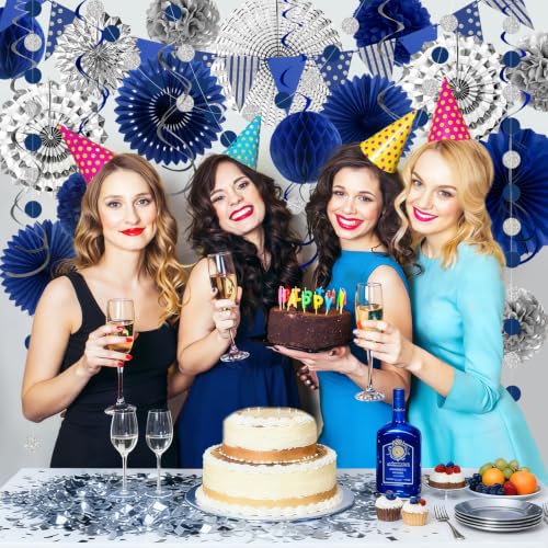 Image of 24 Pcs Blue Silver Party Decorations, Paper Fans Pom Poms Banner 8-16 in