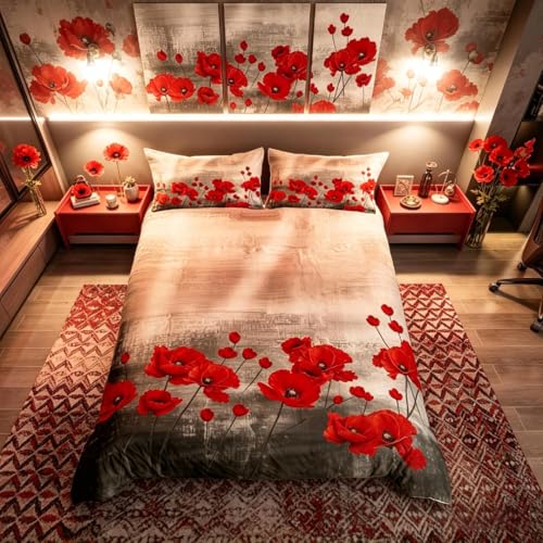 Homemissing - Parure de lit avec housse de couette en microfibre, motif de coquelicots aquarellés, pour femmes et filles adultes, romantique, motif botanique,...