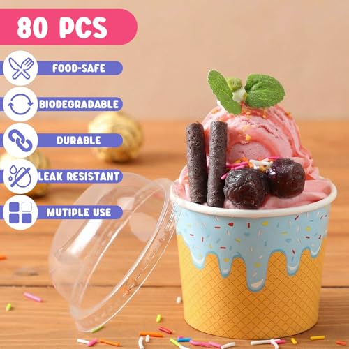 Image of Jingmore 80 Count Paper Ice Cream Cups with Clear Dome Lids Disposable Dessert Cups Bulk Dessert Bowls Sundae Containers for Snack Yogurt Soup Birthday Ice Cream Party Supplies (4 oz)