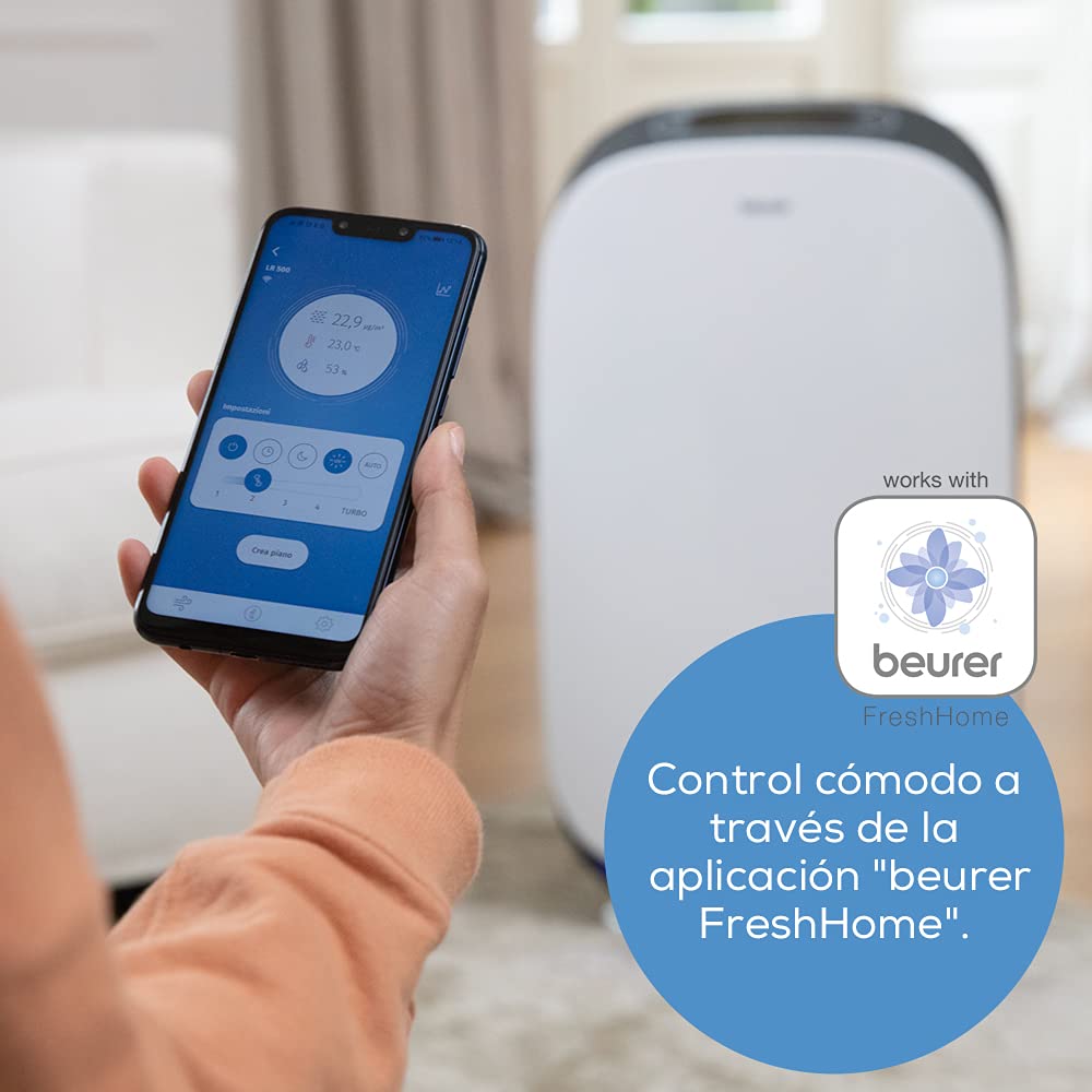 Beurer LR 500 Purificador de aire, con filtro HEPA H13, control de aplicación vía wifi, filtra varias bacterias y virus, con temporizador y modo nocturno, para habitaciones de hasta 106m²