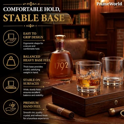 Image of PrimeWorld Mexico Crystal Whiskey Glasses Set of 6 pcs- 300 ml Bar Glass for Drinking Bourbon, Whisky, Scotch, Cocktails, Cognac- Old Fashioned Cocktail Tumblers