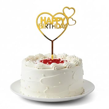 Happy Birthday Heart Cake Topper, Golden Acrylic Birthday Cake Decoration