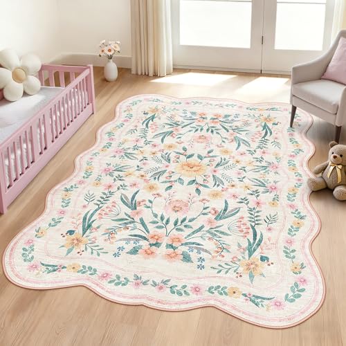Image of Dadasgk Pink Floral Rug 5X7 for Girls Bedroom or Nursery, Scalloped Washable Non-Slip Area Rug, Cute Soft Boho Carpet for Kids Room, Dorm, or Playroom