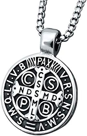 Mens St Benedict Exorcism Pendant Necklace Stainless Steel Catholic Roman Cross Demon Protection Ghost Hunter