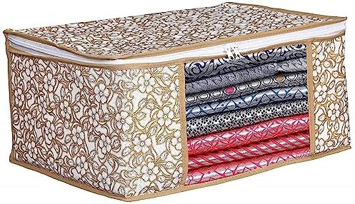 Perpetual Saree Organizer For Wardrobe - Foldable Saree Covers With Zip, Multipurpose Storage Bag For Suit, Lehanga, Dress Packing With Transparent Window Pack of 3 Pcs. (Beige)