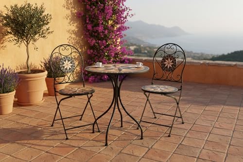 Wohnando 3 teiliges Bistroset mit Klapptisch und 2 Stühlen | gefertigt aus Metall mit Mosaik Muster | Gartenmöbel Set für Zwei Personen | ideal für Garten, Balkon und Terasse |