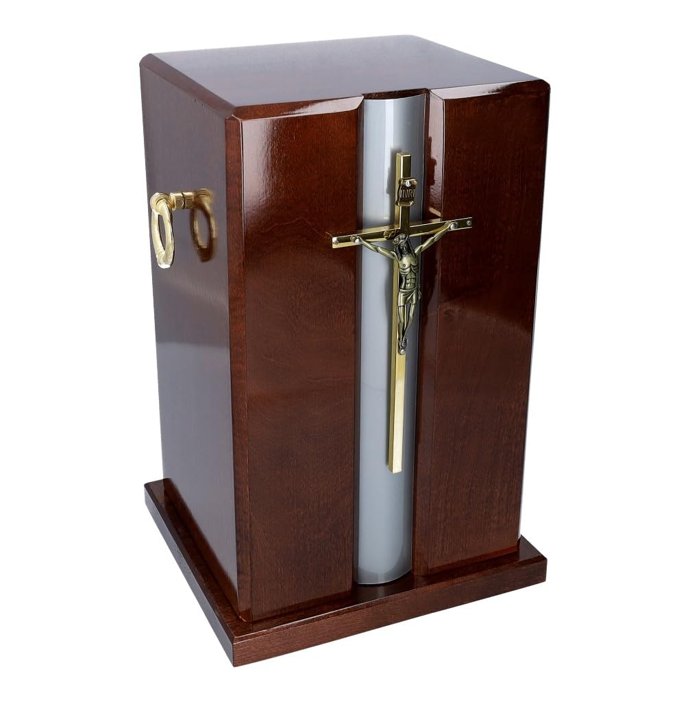 Beautiful Adult Cremation Casket urn for Ashes Catholic Wooden Urn with Cross (Brown, Memorial Plaque/NO)