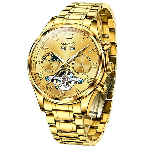 Image of OLEVS Automatic Men Watch Self Winding Mechanical Moon Phase Business Luxury Diamond Dress Stainless Steel Waterproof Luminous Mens Wrist Watch