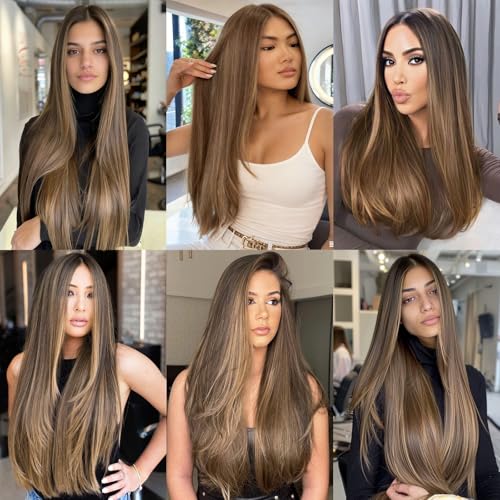 Image of Human Hair Wigs Straight Brown Blonde Highlight Wigs 200% Density 20 Inch | 13x4 Lace Front Wigs Human Hair Ash Blonde Balayage Wigs Human Hair for Women Brunette Hair with Blonde Highlights Wigs