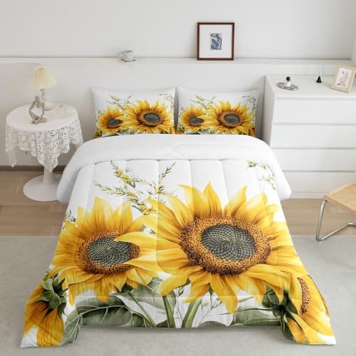 Image of Feelyou Sunflower Comforter Set Watercolor Botanical Branches Kids Comforter for Boys Girls Floral Print Bedding Set Nature Duvet Set Room Decor Quilt Queen Size Boys
