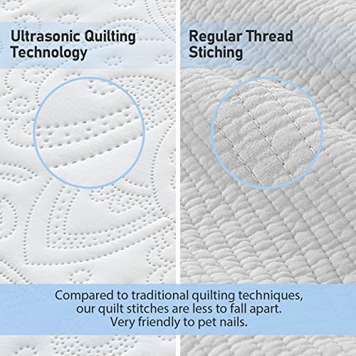 Image of Qucover White Oversized King Bedspread, Soft Microfiber Lightweight California King Quilt, 3-Piece Ultrasonic Quilting Paisley Pattern Oversized King Quilt Sets with Shams, 128 x 120 Inches