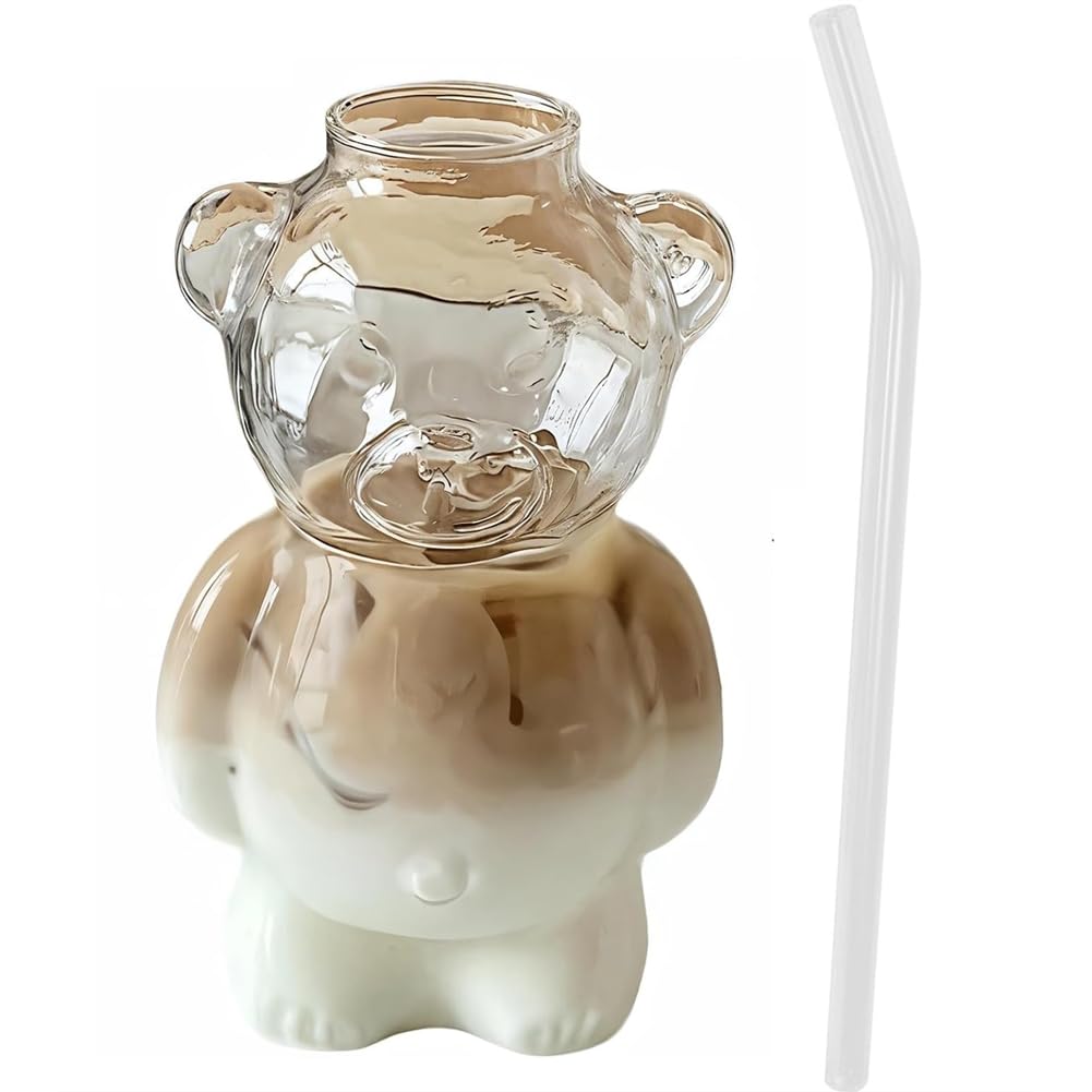 CTRLZS Coffee Beer Wine Cocktail Drinks Glassware 12 Oz, Bear Straw Cup, Teddy Bear Glass Cup with Straw, Cute Mugs