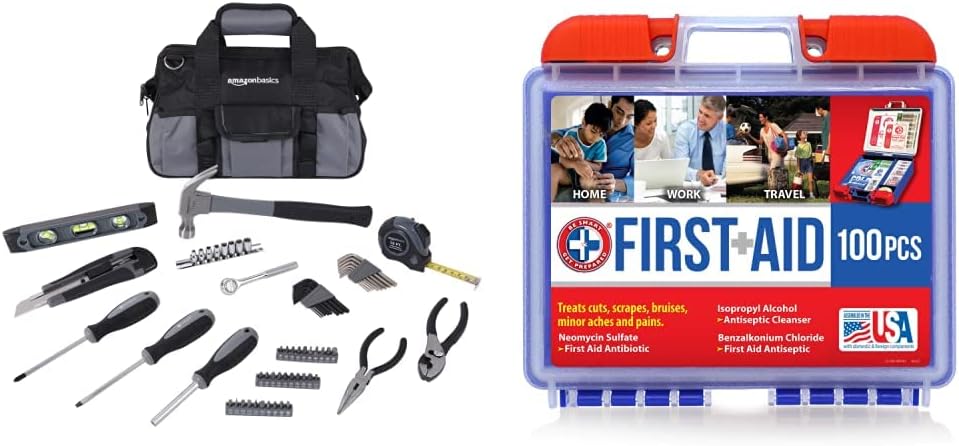  Basics 65 Piece Home Basic Repair Tool Kit Set With Bag & Be Smart Get Prepared 100 Piece First Aid Kit: Clean, Treat, Protect Minor Cuts, Scrapes. Home, Office, Car, School - - 
