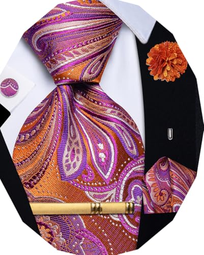 Image of YourTies Silk Paisley Floral Tie and Pocket Square Cufflinks with Lapel Pin Sets for Men 5PC Wedding Party