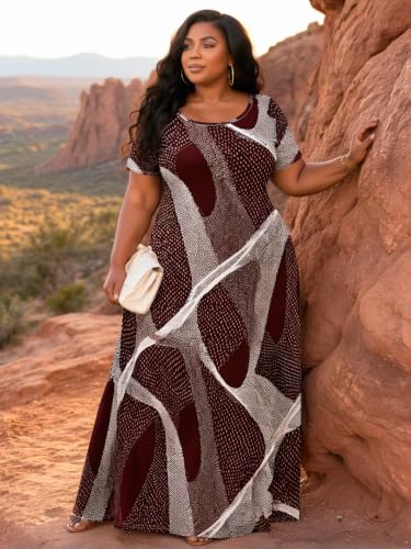 Image of PinkPatty Plus Size Dress for Women Casual Crew Neck Short Sleeve Maxi Dress Oversized Summer Beach Dresses with Pockets