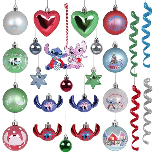 Disney Stitch Angel Set de Adornos navideños, IRRROMPIBLES para el árbol de Navidad, Adornos de plástico, Set 25 Piezas (E)