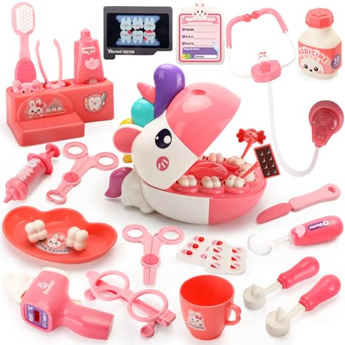 ORANGE OCEAN 34 PCS Dentist Play Set for Girls Kids, Pretend Play Doctor Kit for Kids Toddlers Ages 2-4 3-5, Kid Dentist Play Doctor Set with Light & Sound, Toys Gifts for 3 4 5 Year Old Girls Boys