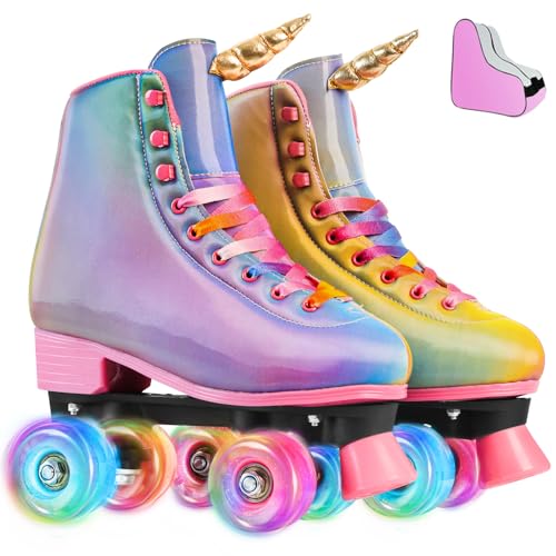 LEVYTEMP Roller Skates for Women, Men Light-Up Wheels Double-Row Rollerskates High-Top PU Leather Classic Designs Gradient Skate Shoes with Horn for Girls Beginners with a Shoes Bag Size 8.5 Outdoor