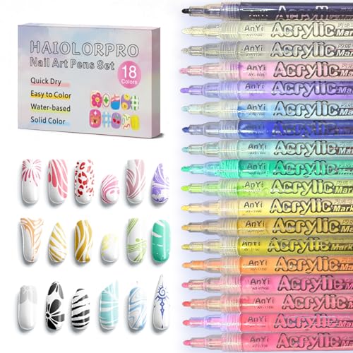 HAIOLORPRO 18 Colors Nail Art Pens Set, 3D Gel Nail Polish Pen Water-based Quick Drying, Acrylic Nail Paint Pens Kit Drawing Painting Liner Dotting Graffiti Manicure for Home Salon DIY