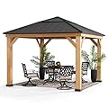 Sunjoy Hardtop Gazebo 11 x 11 ft. Standard Cedar Framed Wood Gazebos with Black Steel and Polycarbonate Hip Roof Hardtop for Garden, Backyard Shade, Black Roof + Natural Wood Frame