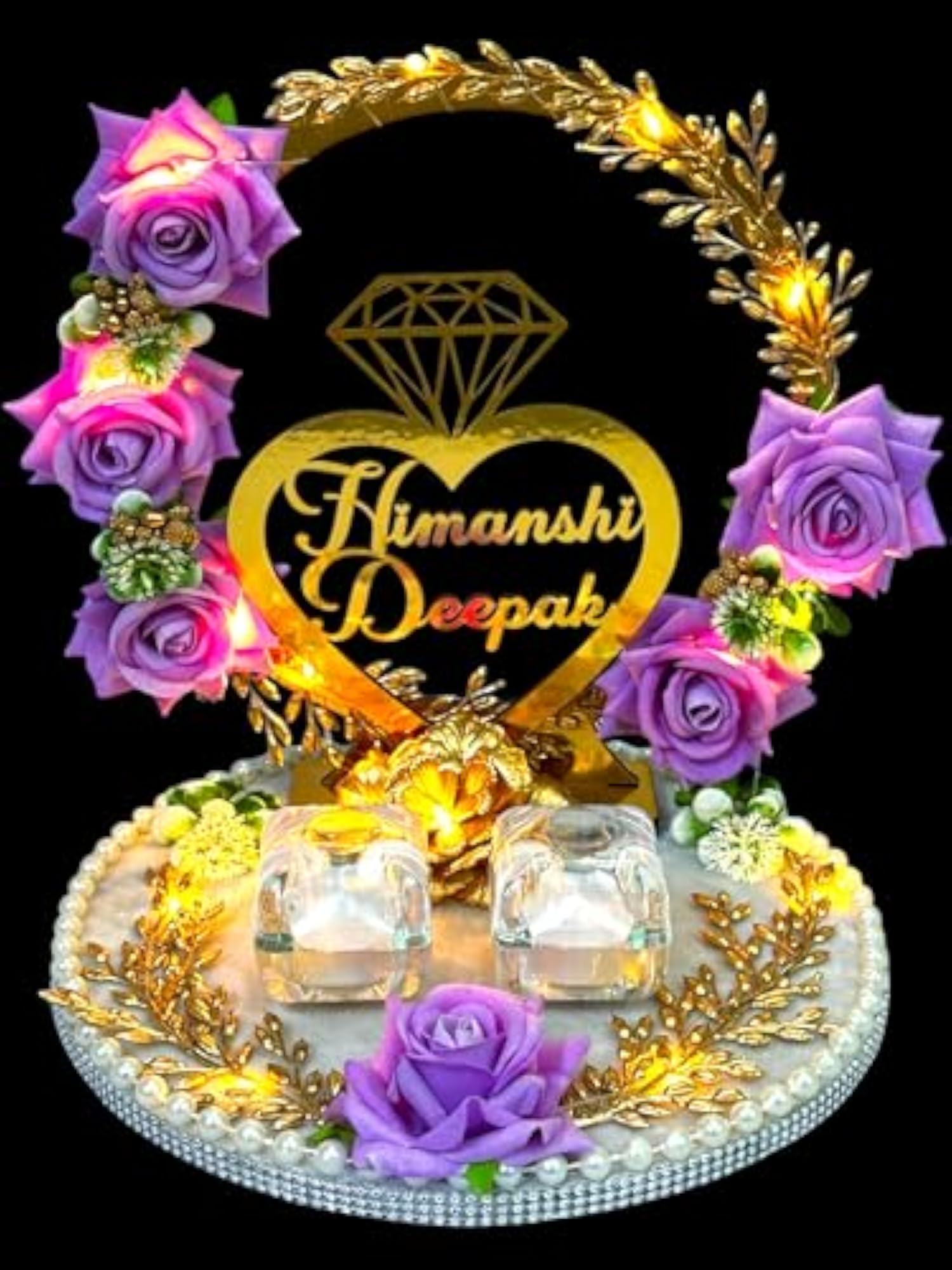 Wood Personalized Flower Design Engagement Ring Tray Platter