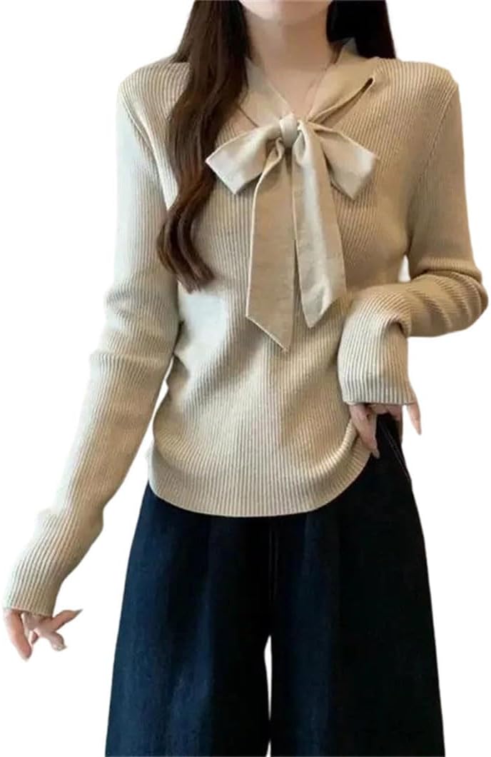 Women's O-Neck Sweater with Bow Knot Fall Winter Fashion Inner Wear Long-Sleeved Knitted Tops