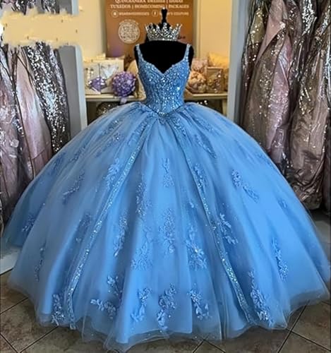 Tulle Lace Applique Quinceanera Dresses V Neck Beaded Ball Gown Spaghetti Straps Sweet 16 Dresses for Teens3