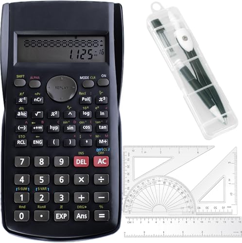 Scientific Calculators Protractor and Compass - Protractor and Compass for Geometry with Rulers Two Set Squares and Scientific Calculators,240 Functions 2 Line 10+2 Digits,Desk Math for School-Black