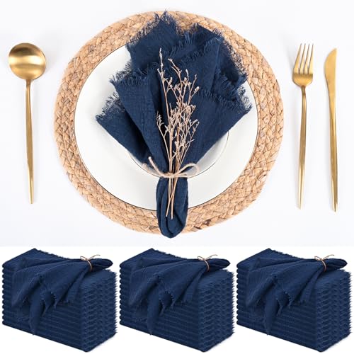 36 Pack Navy Blue Cloth Napkins, 12 x 12 Inch Cotton with Fringe Settings