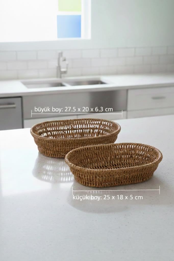2'li Rattan Görünümlü Plastik Örme Hasır Ekmek ve Sunum Sepeti Seti Büyük ve Küçük Boy