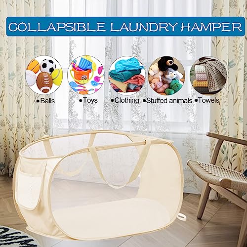 Aplter Pop Up Mesh Laundry Basket Folding Cloth Hamper Mesh Popup Collapsible Laundry Hampers With Side Pocket Durable Handle Beige #TOP2
