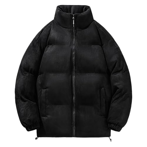 Mens Stand Collar Suede Down Jackets Winter Loose Fit Windproof Warm Fashion Trendy Puffer Outerwear(Black,XX-Large)